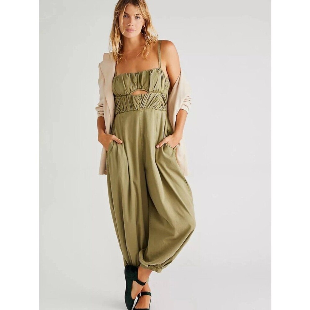 Free People Kingston Olive Green Jumpsuit Spaghetti Straps Balloon Size S